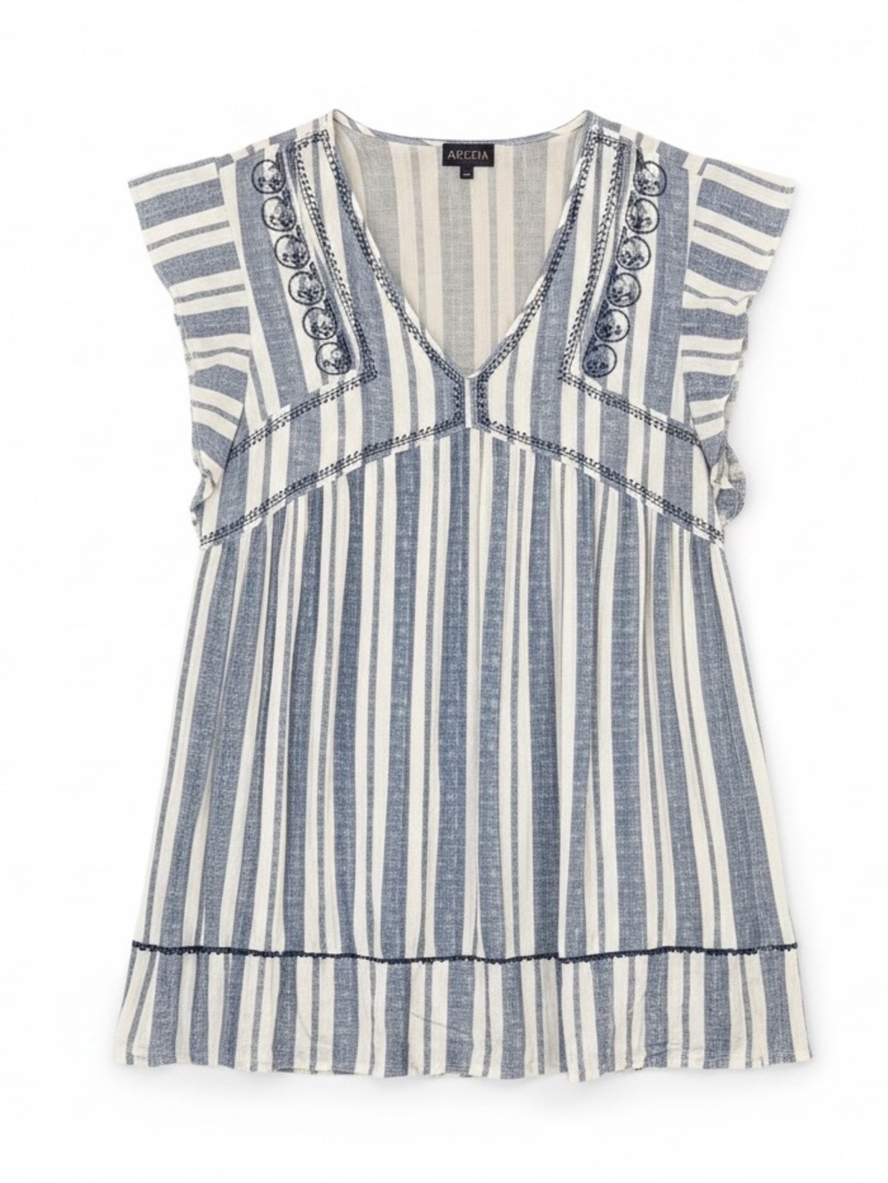 Artesia Blue White Stripe Ruffle Sleeve Embroidered Dress Women’s Size XL